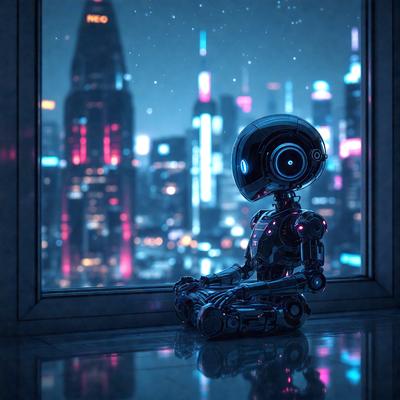The primary subject of the image is a robot sitting on a table. The setting is a cityscape with a view of skyscrapers in the background. The visual style is a digital art, and the colors and mood are predominantly blue and pink, creating a futuristic and vibrant atmosphere.